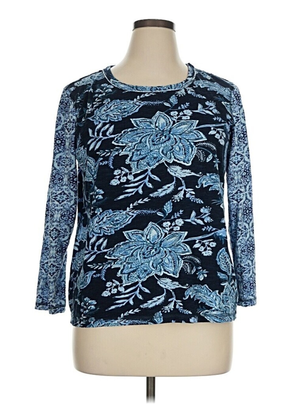 NEW Sundance Cino XL $118 Blue White Navy 100% Cotton 3/4 Sleeve Boho Floral Top